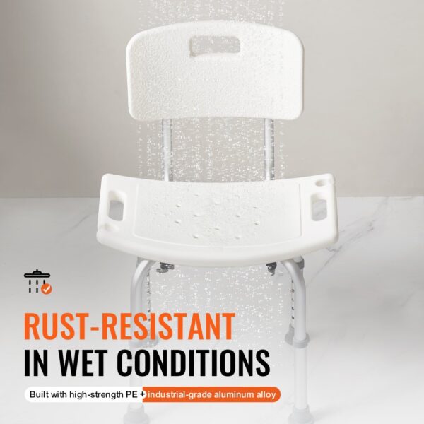 VEVOR shower chair, rust-resistant, high-strength pe and aluminum alloy, wet conditions.