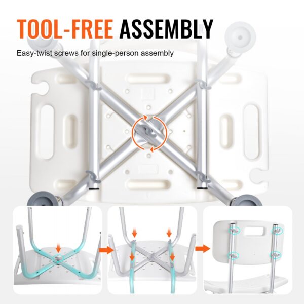 tool-free assembly shower chair with easy-twist screws, featuring a sturdy VEVOR shower chair design.