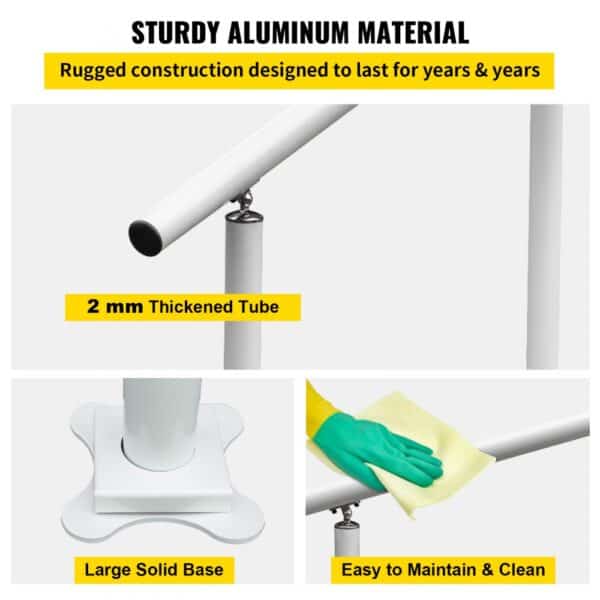 sturdy aluminum material with 2mm-thick tube, large solid base, and easy-to-clean surface.