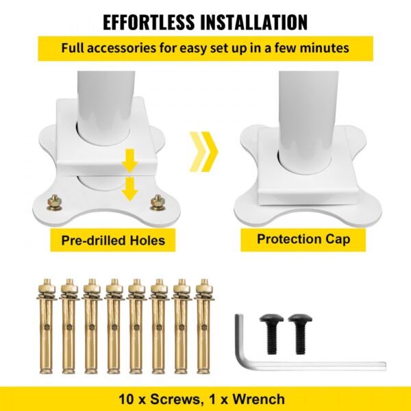 VEVOR outdoor stair railing installation with pre-drilled holes, protection caps, screws, and wrench.