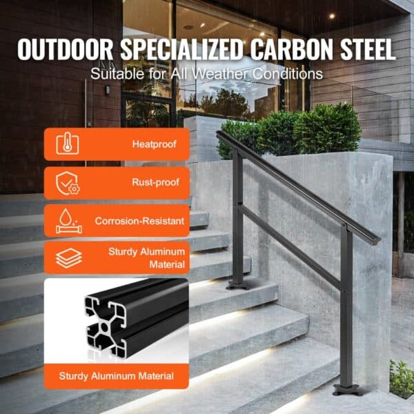 VEVOR outdoor handrail on steps, showcases heatproof, rust-proof, corrosion-resistant features.