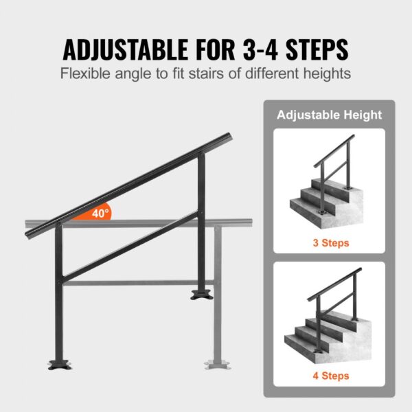 VEVOR outdoor handrail adjustable for 3-4 steps, flexible angle at 40 degrees.