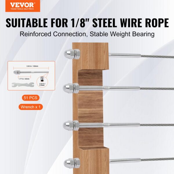 VEVOR cable railing tensioner for 1/8" steel wire rope, reinforced connection, stable weight bearing.