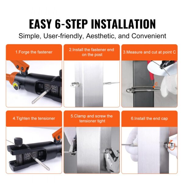 easy 6-step installation guide for VEVOR cable railing tensioner with detailed visuals and instructions.