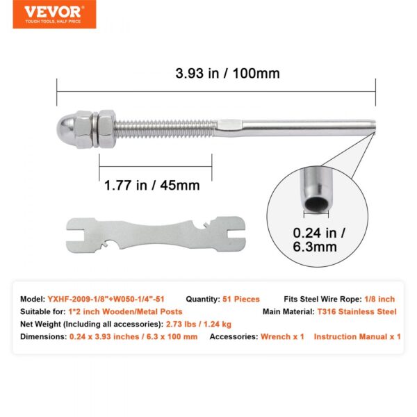 VEVOR cable railing tensioner, stainless steel, 3.93in x 1.77in, wrench, fits 1/8in wire rope.