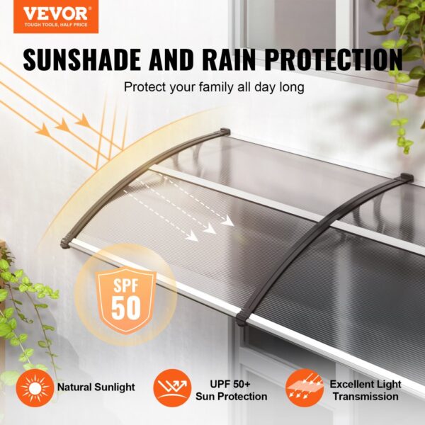 VEVOR Window Door Awning Canopy, 38" x 117" Door Canopy Exterior, UF50+ PC Sunshade Sheet Awnings, Outdoor Patio Awning Sun Shade, Transparent, Waterproof, for Sun Shutter, UV, Rain, Snow Protection