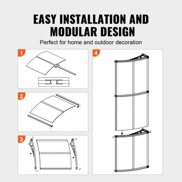 VEVOR window door awning installation guide showing step-by-step assembly instructions.