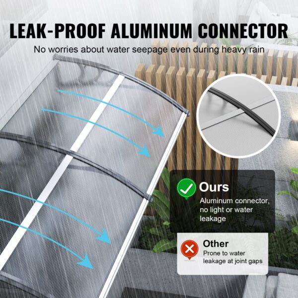 VEVOR window door awning with leak-proof aluminum connector prevents water seepage during heavy rain.