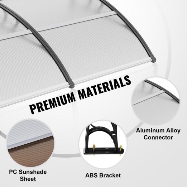 VEVOR window door awning with pc sunshade sheet, abs bracket, and aluminum alloy connector.