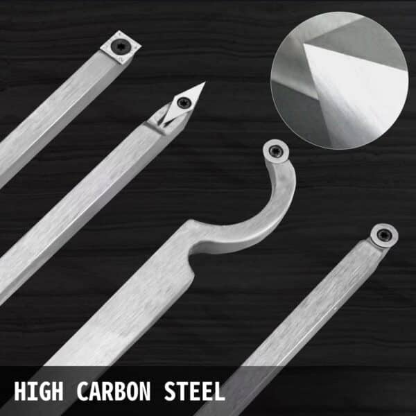 VEVOR wood turning tools made of high carbon steel on dark wood background.