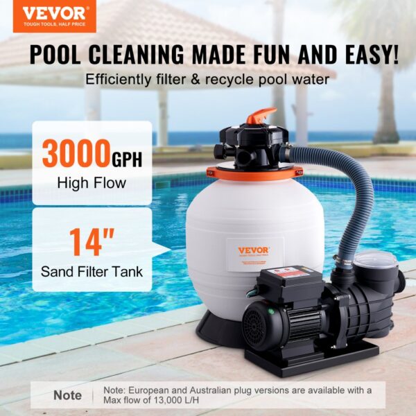 VEVOR Pool Sand Filter Pump Above Ground, 14 Inch Sand Filter Tank, 13000 L/H Flow, 0.75HP 450W Power Pool Pump System and Filter Combo Package with 6-Way Multi-Port Valve and Filter Basket for Home and Commercial Pools