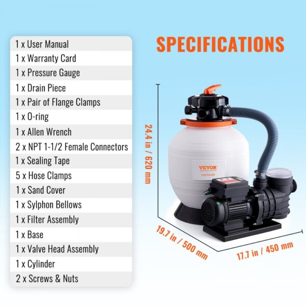 VEVOR Pool Sand Filter Pump Above Ground, 14 Inch Sand Filter Tank, 13000 L/H Flow, 0.75HP 450W Power Pool Pump System and Filter Combo Package with 6-Way Multi-Port Valve and Filter Basket for Home and Commercial Pools