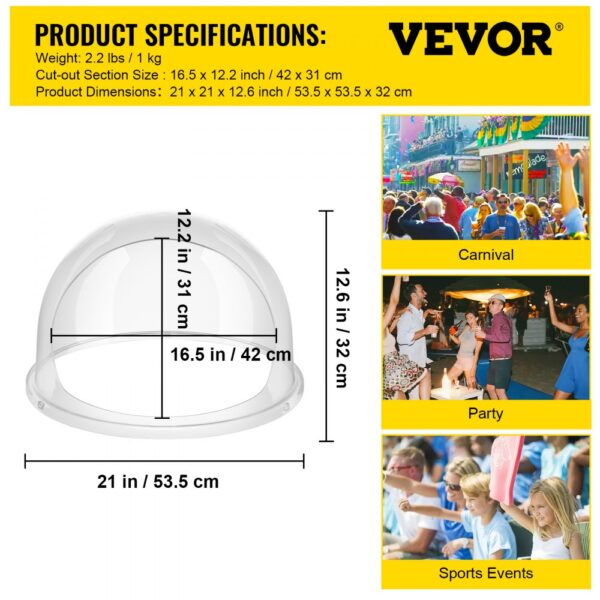 VEVOR candy machine cover dimensions shown with carnival, party, and sports events usage.