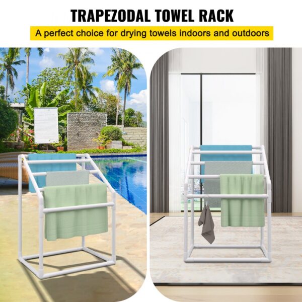 VEVOR pool towel rack for drying towels indoors and outdoors, shown by a pool and inside a room.