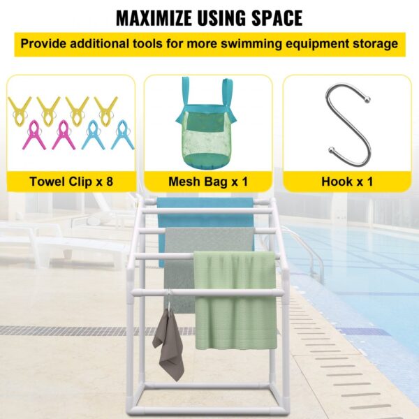 VEVOR pool towel rack with 8 towel clips, 1 mesh bag, and 1 hook, next to swimming pool.