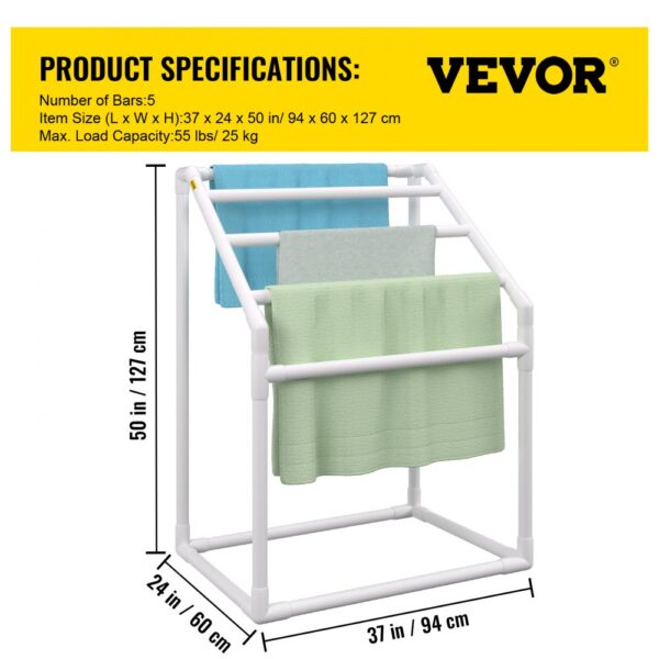 VEVOR pool towel rack with 5 bars, dimensions 37x24x50 inches, holds up to 55 lbs.