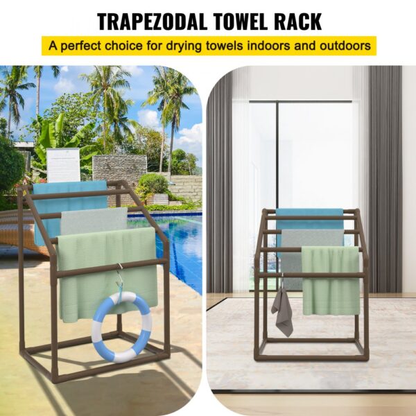 VEVOR pool towel rack for indoor and outdoor use, showcasing towels by the pool and inside a room.