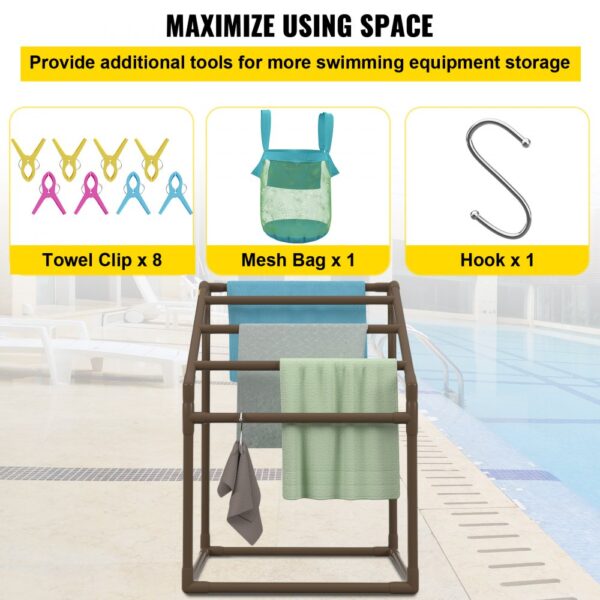 VEVOR pool towel rack by poolside with clips, mesh bag, and hook for optimized storage.