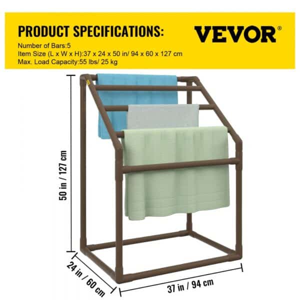 VEVOR pool towel rack with 5 bars, 50 x 24 x 37 inches, and a 55 lbs max load capacity.