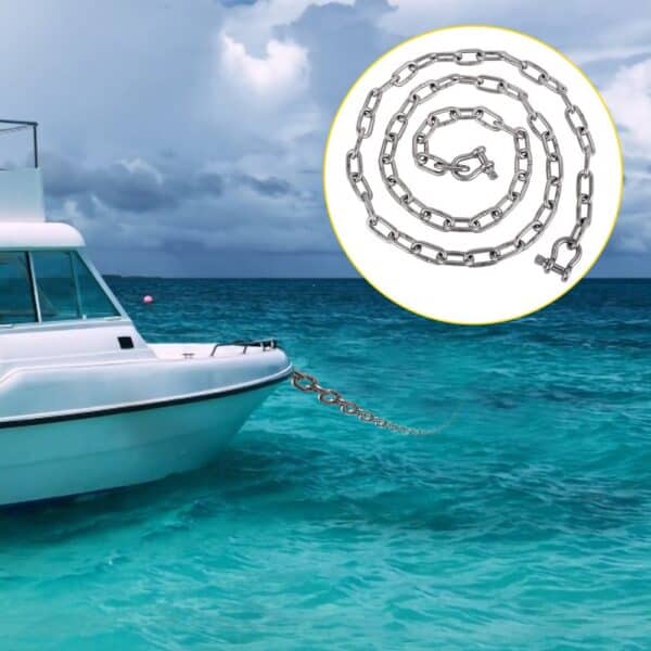 boat anchored with VEVOR anchor chain in clear turquoise water.