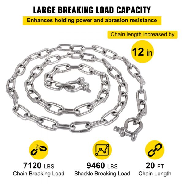 VEVOR anchor chain with 7120 lbs chain breaking load and 9460 lbs shackle breaking load.