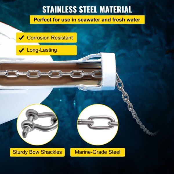 stainless steel VEVOR anchor chain, corrosion-resistant and long-lasting for seawater use.