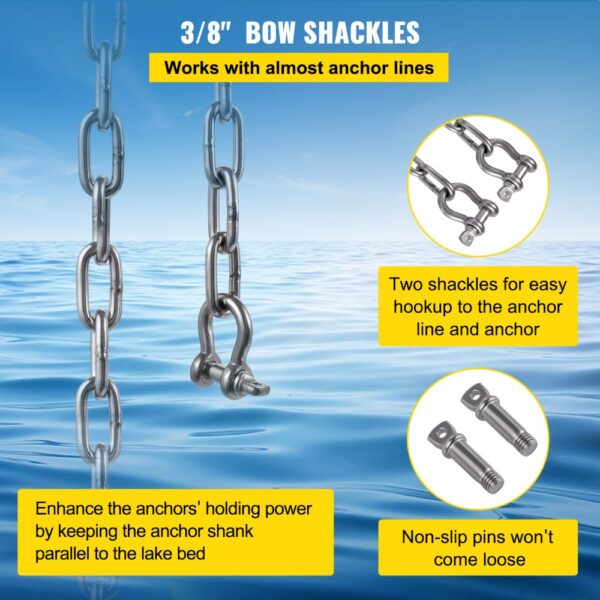 VEVOR anchor chain with 3/8" bow shackles, non-slip pins, and enhanced holding power.