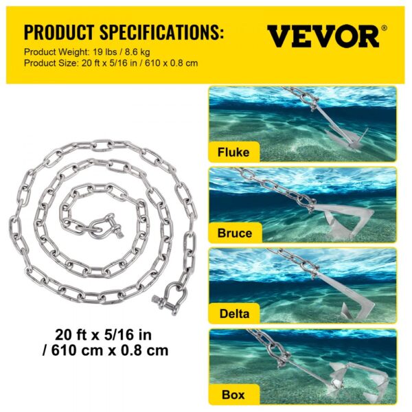 VEVOR anchor chain with fluke, bruce, delta, box anchors, 20 ft x 5/16 in/610 cm x 0.8 cm.