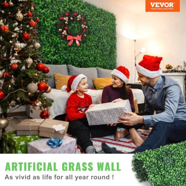 family celebrating christmas with VEVOR artificial boxwood panels and festive decor.