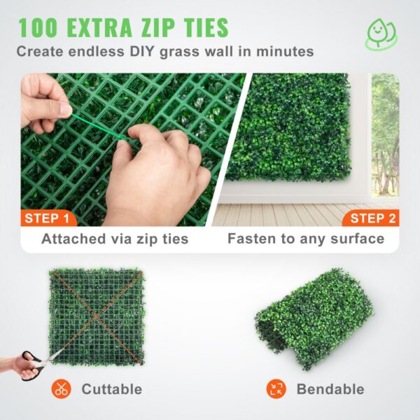 VEVOR artificial boxwood panels with zip ties for creating diy grass walls, cuttable and bendable.