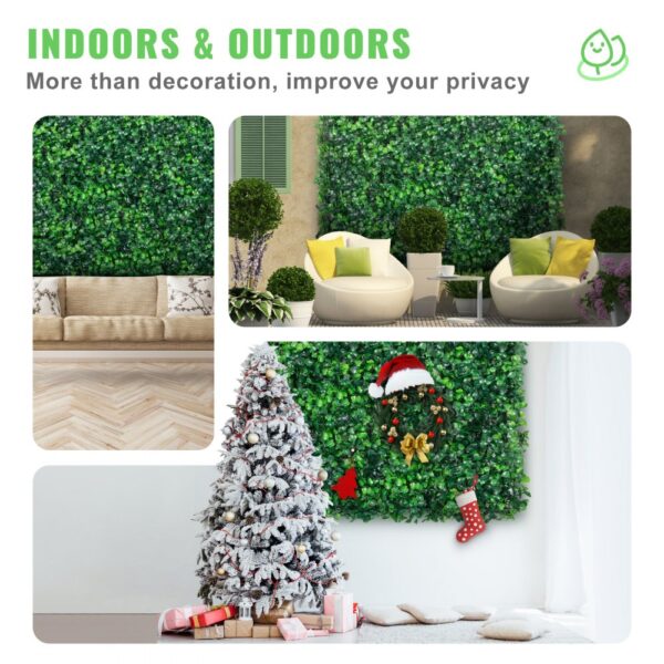 VEVOR artificial boxwood panels for indoor and outdoor decor with festive holiday decorations.