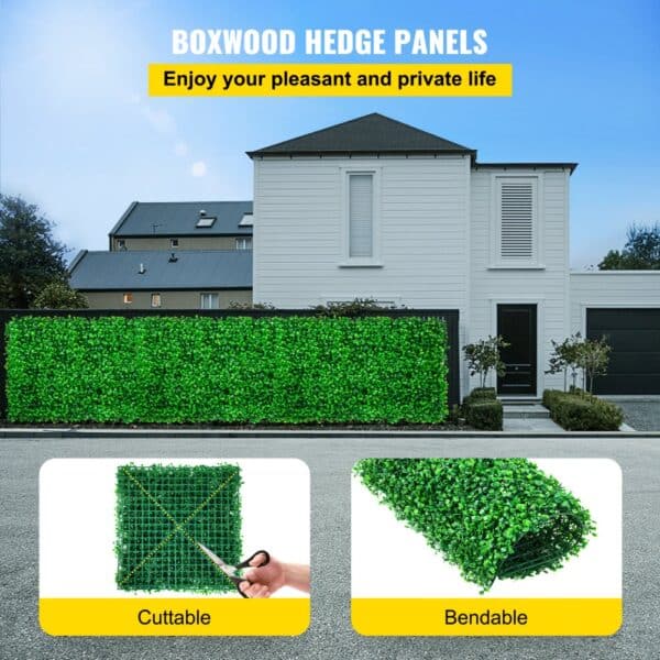 VEVOR artificial boxwood panel for privacy on a white house fence; cuttable and bendable.