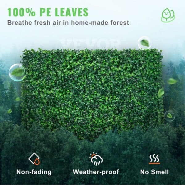 VEVOR artificial boxwood panel with non-fading, weather-proof, and odor-free features.
