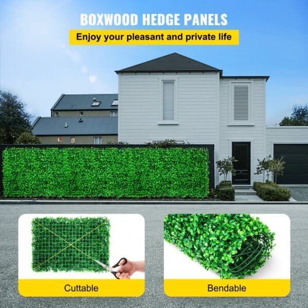 VEVOR artificial boxwood panel in front of a modern house; cuttable and bendable.