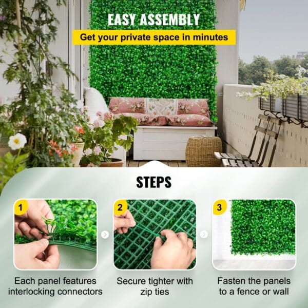 VEVOR artificial boxwood panel setup on a balcony, with detailed three-step assembly.