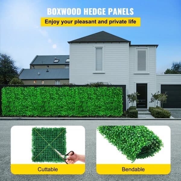 VEVOR artificial boxwood panel creating a lush, green privacy screen for a modern house.