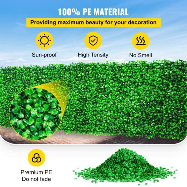 VEVOR artificial boxwood panel features sun-proof, high tensile, no smell, premium pe.