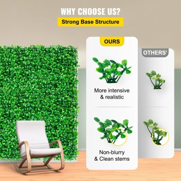 VEVOR artificial boxwood panel comparison highlights strong base structure and realistic look.