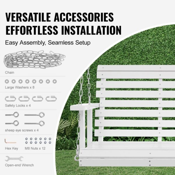 VEVOR wooden porch swing assembly kit with chains, safety locks, washers, screws, nuts, and wrench.