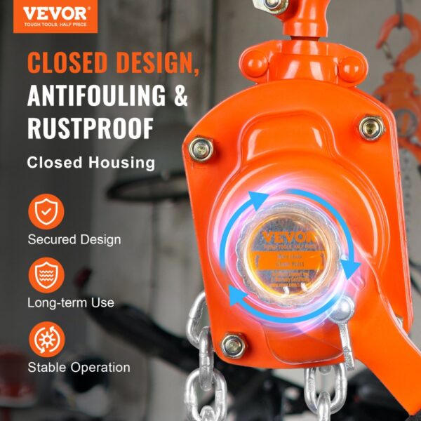 VEVOR chain hoist with closed design, antifouling, rustproof housing for secured, long-term use.