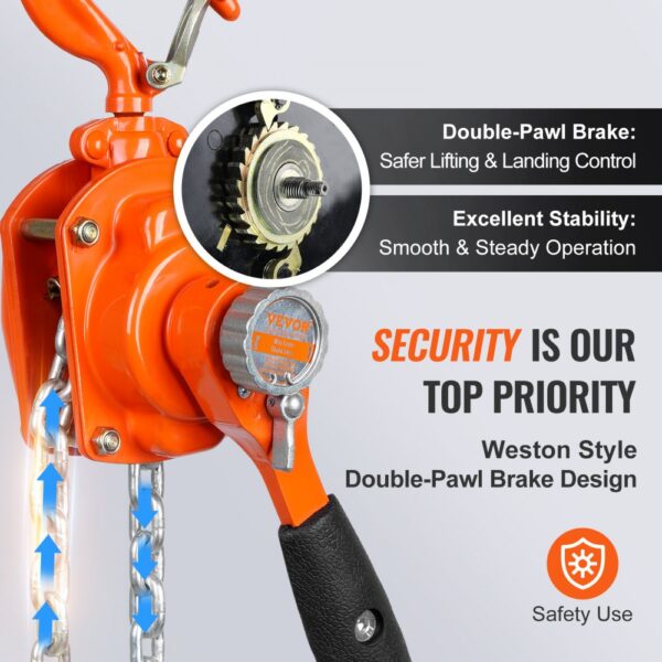 VEVOR chain hoist featuring double-pawl brake for safer lifting, smooth operation, and excellent stability.