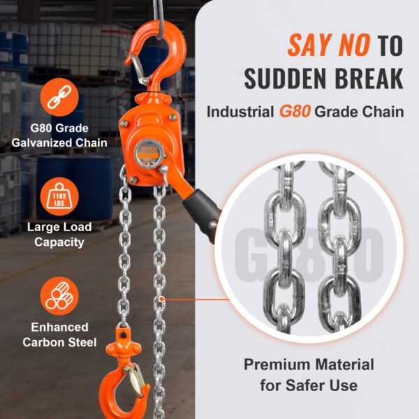 VEVOR chain hoist with g80 grade galvanized chain, large load capacity of 1102 lbs, and enhanced carbon steel.