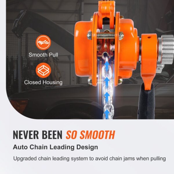 VEVOR chain hoist with smooth pull feature and closed housing for preventing chain jams.