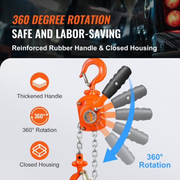 VEVOR chain hoist with 360-degree rotation, thickened rubber handle, and closed housing for safety.