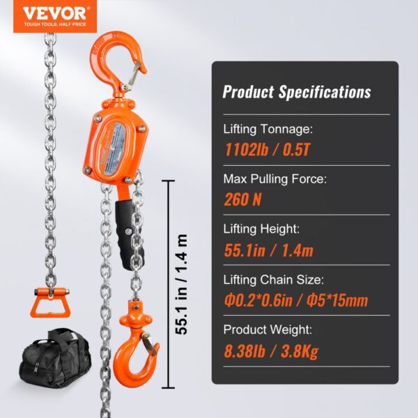 VEVOR chain hoist; lifting capacity 0.5t, max pulling force 260n, lifting height 1.4m, weight 3.8kg.