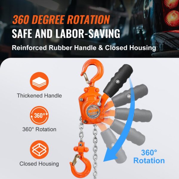 VEVOR manual lever chain hoist with 360° rotation, reinforced rubber handle, and closed housing design.