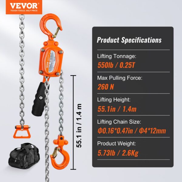 VEVOR manual lever chain hoist specifications, including 550lb lifting tonnage, 55.1in height, and 5.73lb weight.