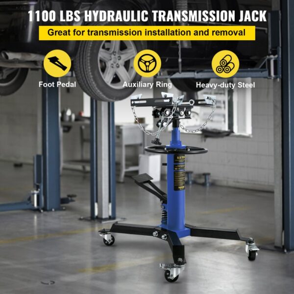 VEVOR transmission jack, 1100 lbs hydraulic capacity, foot pedal, auxiliary ring, heavy-duty steel.