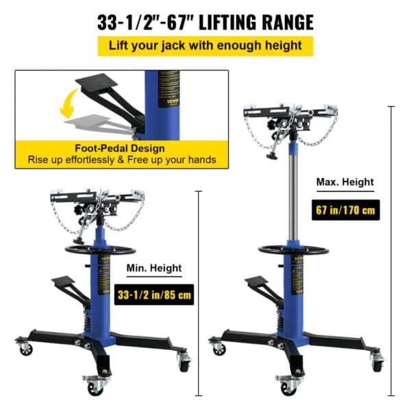 VEVOR transmission jack with 33-1/2" to 67" lifting range and foot-pedal design for hands-free operation.