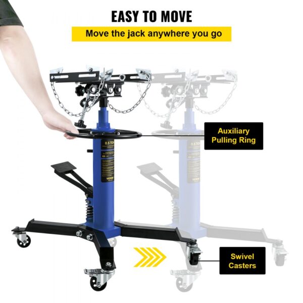 VEVOR transmission jack with auxiliary pulling ring and swivel casters for easy mobility.